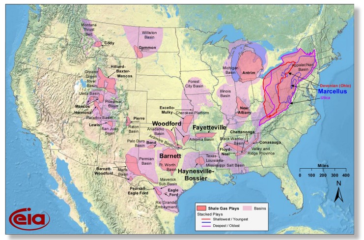 Карта основних родовищ сланцевого газу в США