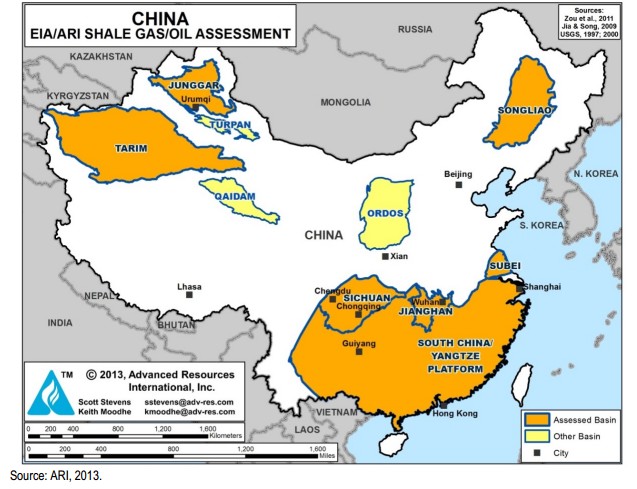 Основні родовища сланцевого газу в Китаї. Джерело: EIA Technically Recoverable Shale Oil and Shale Gas Resources